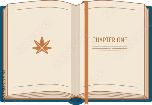 Open hardbound book vector icon with bookmark, leaf emblem, and Chapter One header. Ideal flat graphic for vintage publishing, storytelling apps, digital libraries, reading blogs, and web UI layout.