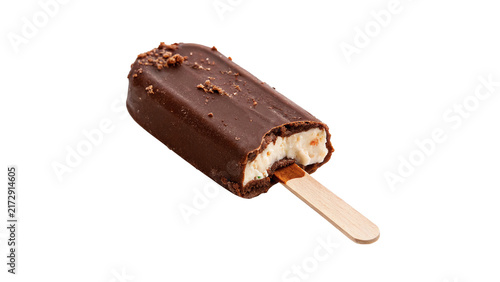 Chocolate glazed ice cream bar on wooden stick isolated on transparent background