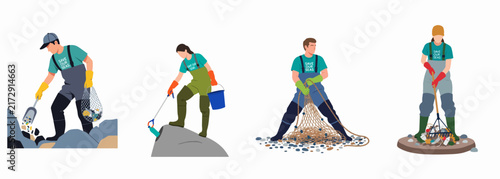 Canvastavla Set of illustrations depicting volunteers cleaning up plastic waste and marine debris from shorelines and water bodies using professional equipment