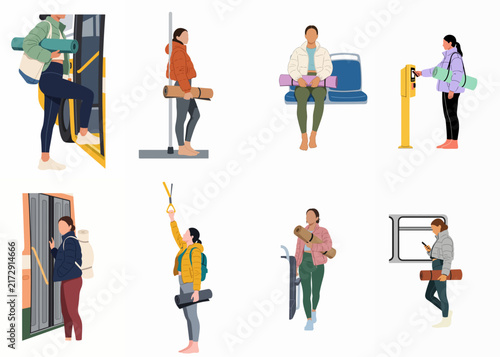 Collection of Flat Vector Illustrations Showing People Using Public Transportation with Yoga Mats, Representing a Healthy Urban Lifestyle.