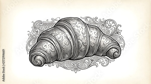 Detailed vintage woodcut engraving of a croissant pastry with ornate floral decorative background.