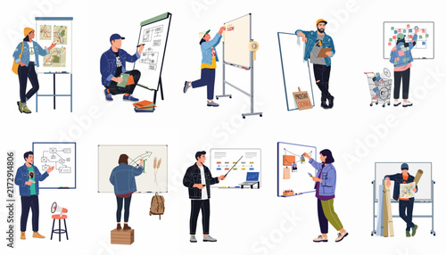 A collection of flat vector illustrations featuring diverse creative professionals brainstorming, planning, and presenting ideas on whiteboards and flip charts.