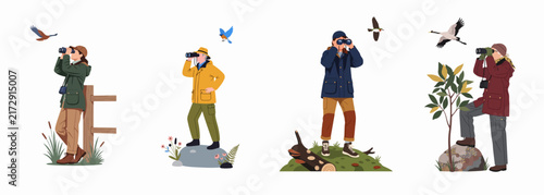 Diverse collection of birdwatchers using binoculars to observe various birds in nature, set of flat vector illustrations isolated on white background.