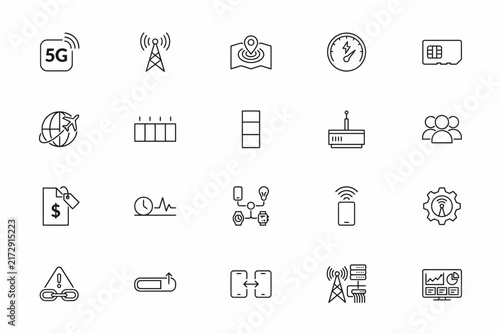 Set of twenty thin line telecommunications and network featuring 5g, signal towers, connectivity, and data symbols on a white background