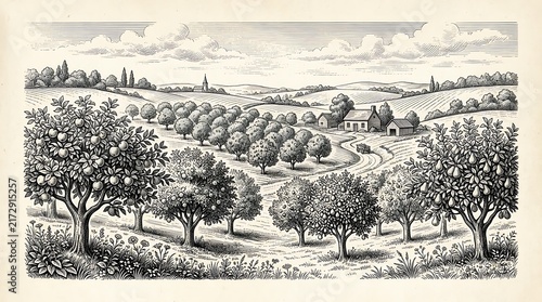 Vintage Woodcut Style Illustration of a Scenic Fruit Orchard Landscape with Rural Farmhouse