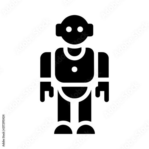 Cute black silhouette icon of a friendly robot standing facing forward with artificial intelligence automation graphic tech sign