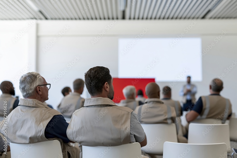 Obraz premium Construction workers in reflective vests sitting in a professional classroom, facing a blank projection screen mockup for corporate training