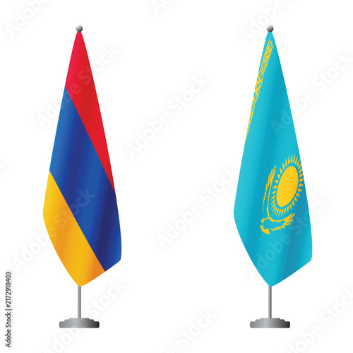 Armenia and Kazakhstan flags on flagpoles for official ceremonies and meetings, transparent background vector