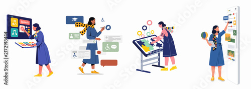 Diverse female characters engaging with futuristic digital interfaces, apps, online education platforms, and puzzle games in a modern flat illustration style.