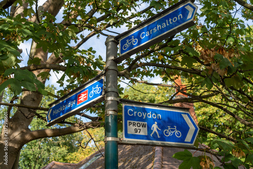 Canvas Print Blue Directional Signposts for Cycling and Walking Paths in a Leafy Outdoor Sett