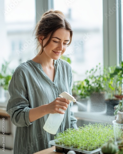 Woman caring for lush houseplants in bright home