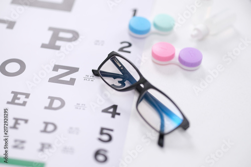 Canvas Print Glasses and lenses are on myopia testing chart closeup