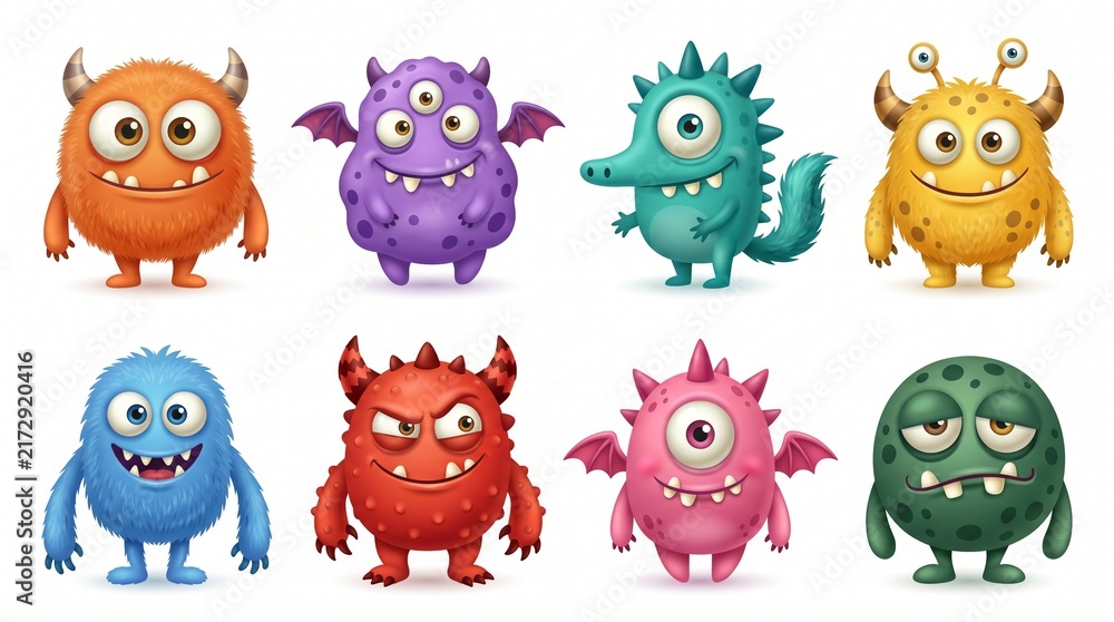 Naklejka premium Cute 3D Cartoon Monsters Set Alien Characters