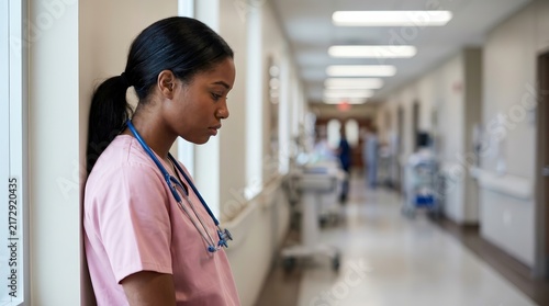 Exhausted nurse leaning against a hospital corridor wall showing emotional burnout and fatigue.