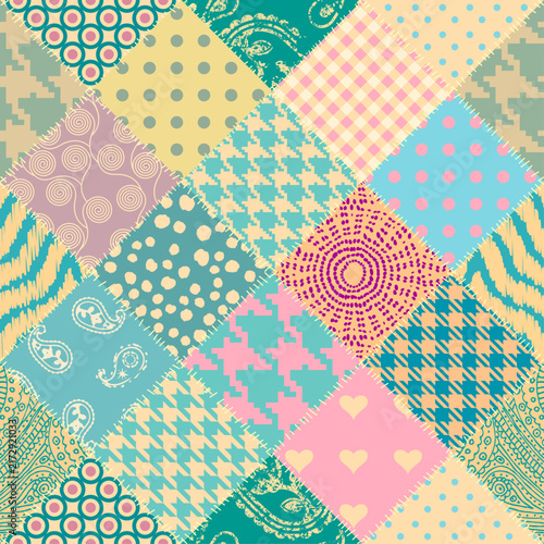 Seamless abstract colorful patchwork pattern from flowers in folk style. Vintage decorative elements. Shabby chic background in retro colors. Vector