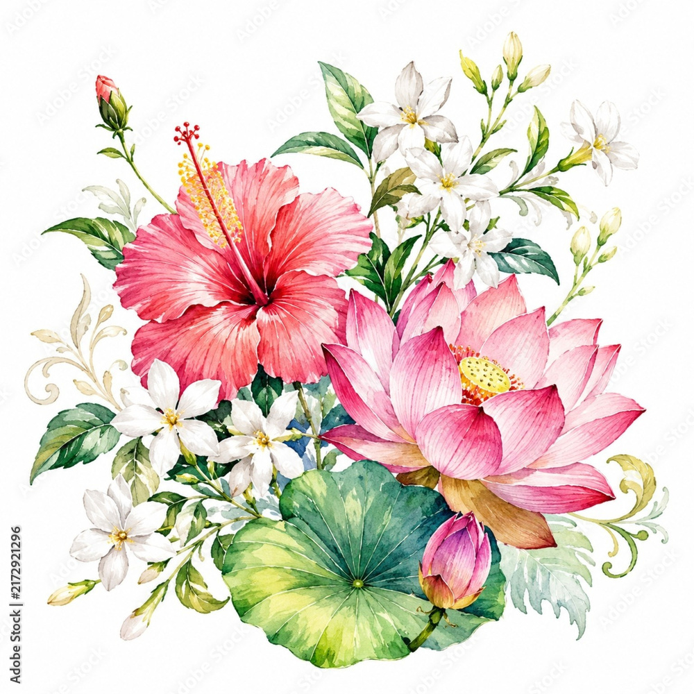 Obraz premium Bengali inspired floral botanical watercolor illustration with hibiscus lotus and jasmine
