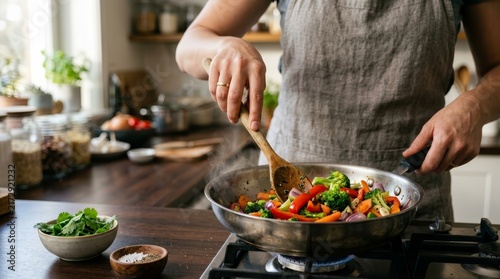 A woman cooking colorful stir fried vegetables in a stainless steel pan.