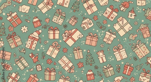 Seamless Pattern of Christmas Gifts and Holiday Decorations on a Green Background.