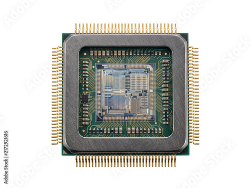 Computer processor microchip CPU semiconductor with detailed circuitry board isolated on black background presenting high tech electronic component hardware technology for digital innovation future.