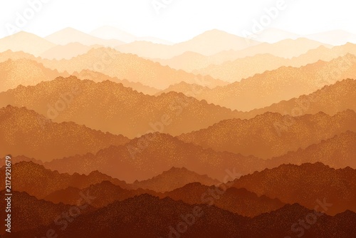 Golden mountain range landscape illustration featuring textured layers with soft warm sunset lighting and gradient colors