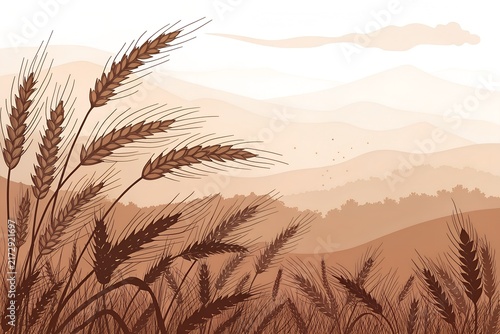 Wheat stalks swaying in a gentle breeze across serene golden fields with soft mountain background scenery