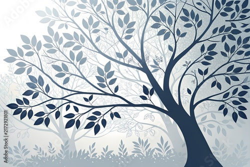 Elegant stylized tree illustration featuring deep blue leaves against a soft pale light gray background atmosphere