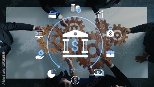 Fotografie Business partnership concept with teamwork, gears, financial icons, and bank symbol representing investment and collaboration in corporate strategy