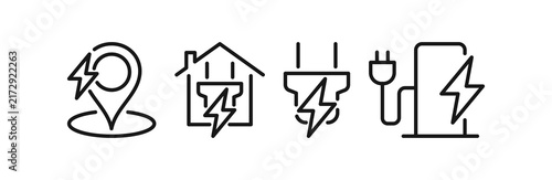 EV charging icon set, location pin with lightning bolt, house with power symbol, plug with bolt and charging station for electric vehicle infrastructure flat illustration.
