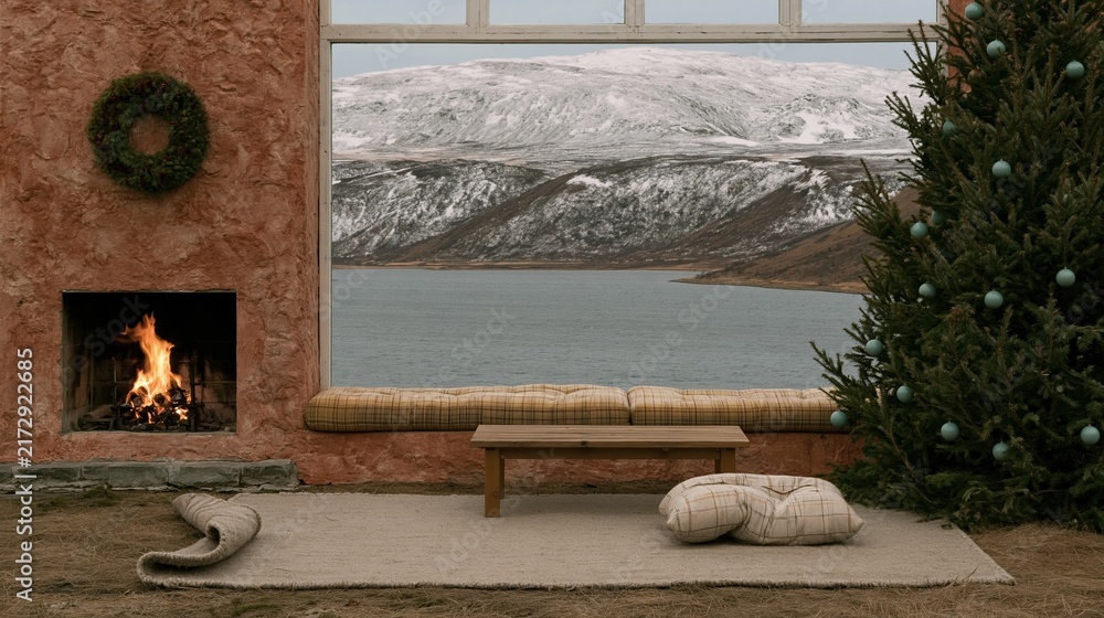 Naklejka premium Cozy cabin sitting room with a warm stone fireplace and large windows framing a snowy mountain lake, ideal for virtual backgrounds and travel