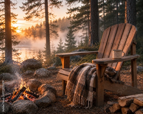 Wooden Adirondack chair beside a campfire overlooking a misty lake at sunrise. Cozy outdoor escape, peaceful camping morning and scenic wilderness retreat.