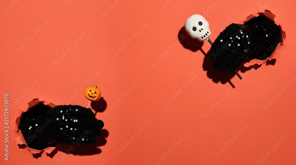 Fototapeta premium Creepy skeleton hands reaching on an orange background beautifully presented