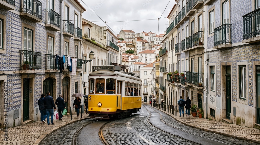 Fototapeta premium Yellow Tram Traveling on Cobblestone Street in Lisbon