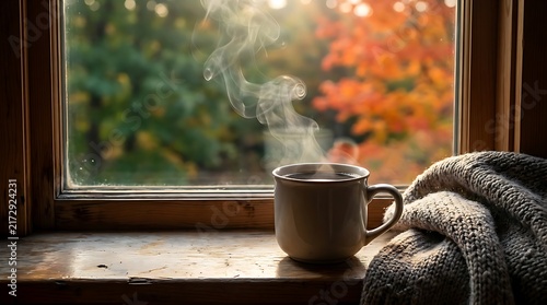 Steaming Cup of Coffee on a Windowsill with Autumn Foliage View