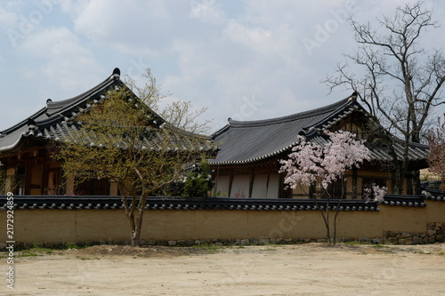 Bild auf Leinwand A serene spring view of a traditional Korean tile-roofed house (Hanok) with earthen walls and blooming trees under a cloudy sky in Hahoe Folk Village, South Korea