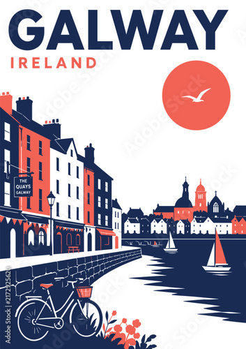 GALWAY IRELAND travel poster featuring quays, sailboats, and city skyline in bold modern design