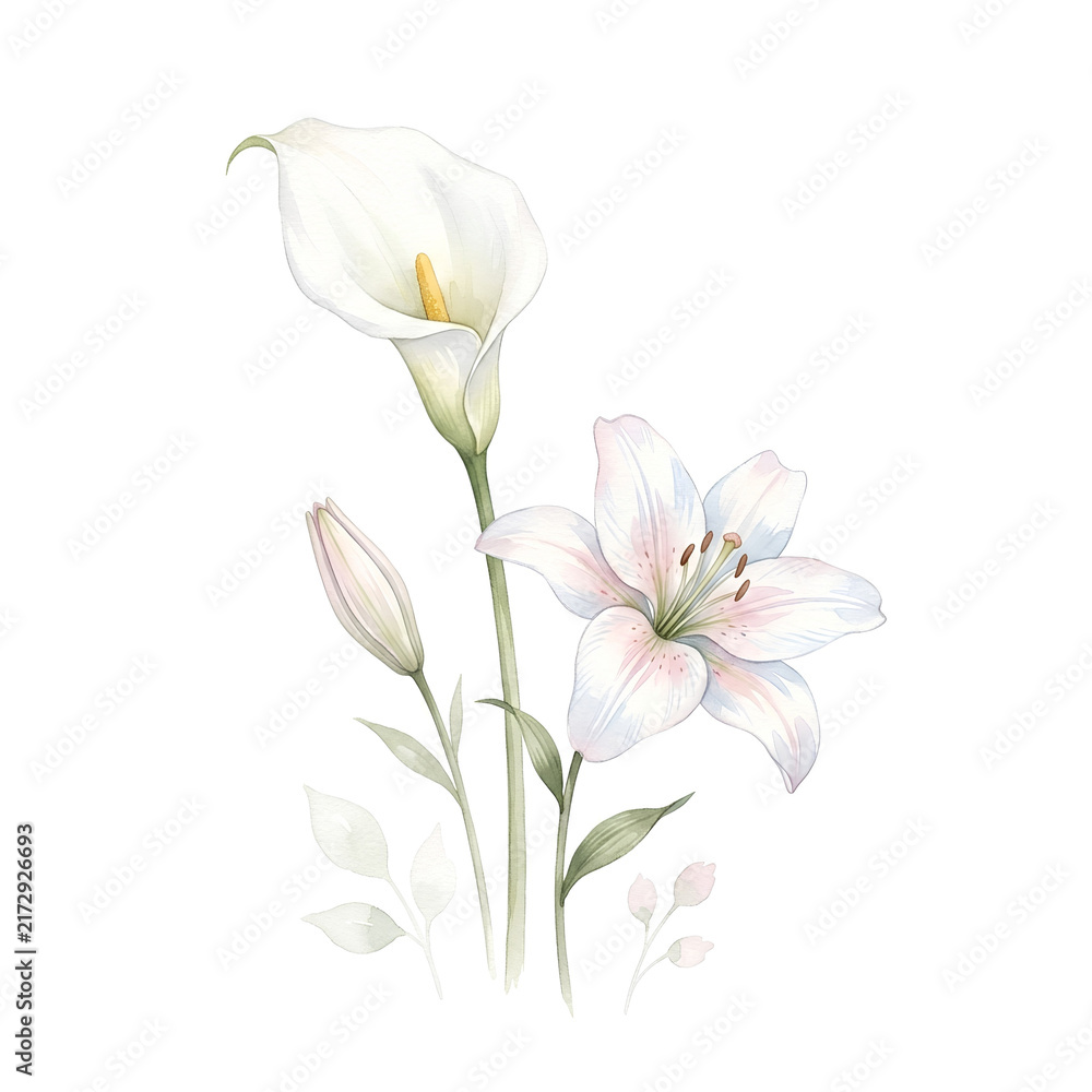Obraz premium Watercolor white calla lily and oriental lily floral bouquet isolated on white background