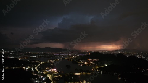 City lights and dark storm clouds at night