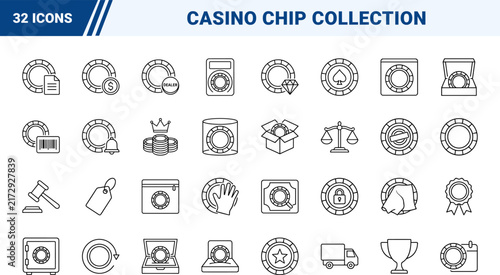 Poker Chip Casino Chip Collection Web Icon Set in Linear Style. Collection of chip vault, casino memorabilia, chip grading, display case, dealer kit, chip auction line icons, including storage