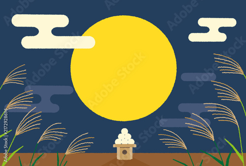 月見だんごとススキ　日本のお月見の背景イラスト