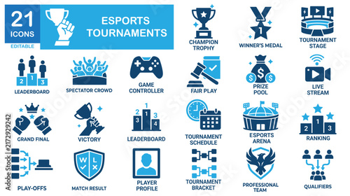 Esports tournament and gaming icon set. Championship cup, cyber arena, competition vectors.