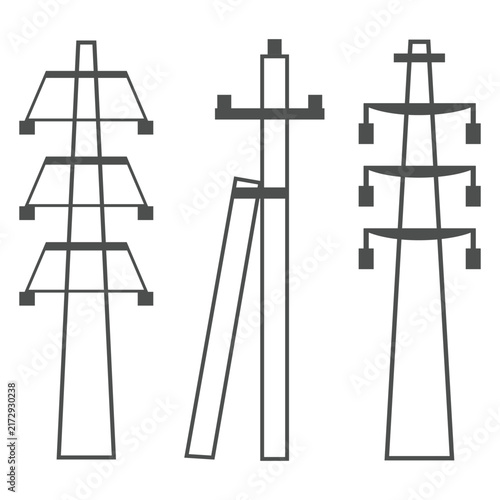 Transmission tower vector, icon set. Flat style electric pylon, high voltage power line illustration on white background. Simple signal tower icon website design.