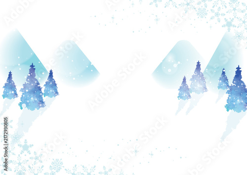 雪降る森と山の幻想的な冬の背景