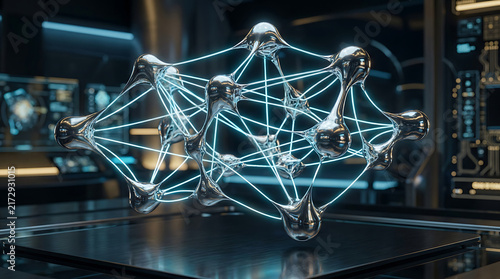 Glowing digital network structure in a dark tech laboratory