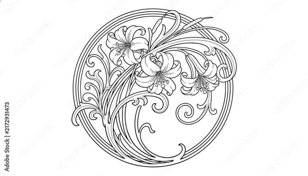 Fototapeta premium Art nouveau round floral medallion artwork featuring lily flowers and elegant vines