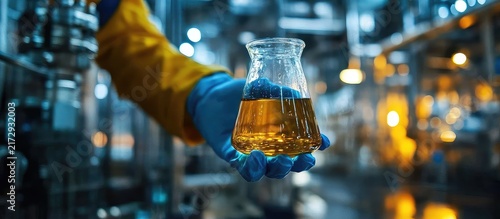 Scientist Holds Flask With Yellow Liquid in Industrial Laboratory