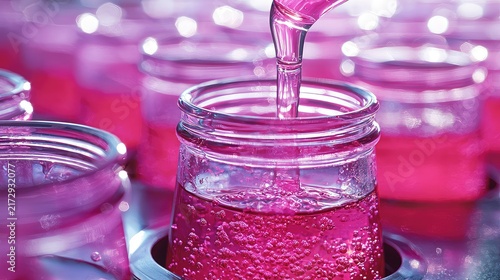 Pink Liquid Being Poured Into Small Glass Jars
