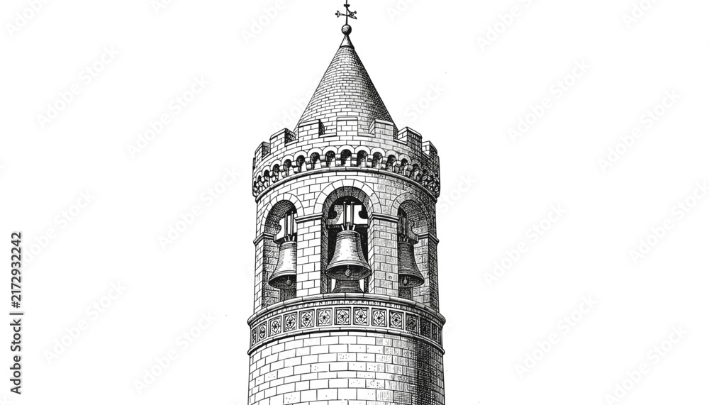 Obraz premium Vintage line art drawing of a medieval bell tower top with bells