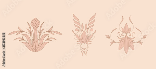 Set of elegant floral ornaments and botanical decorative elements for luxury branding
