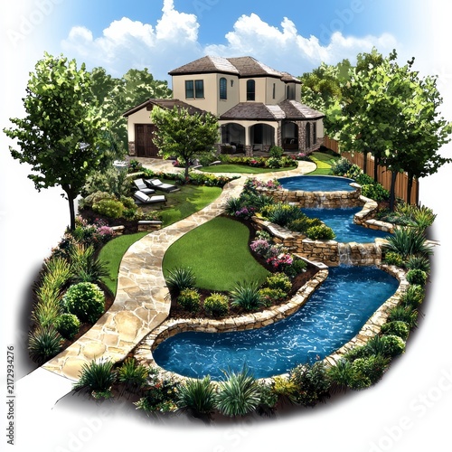 Elegant Luxury Home Landscape Design with Cascading Pool and Lush Garden Illustration