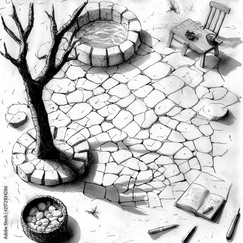 Hand Drawn Garden Courtyard Sketch Illustration